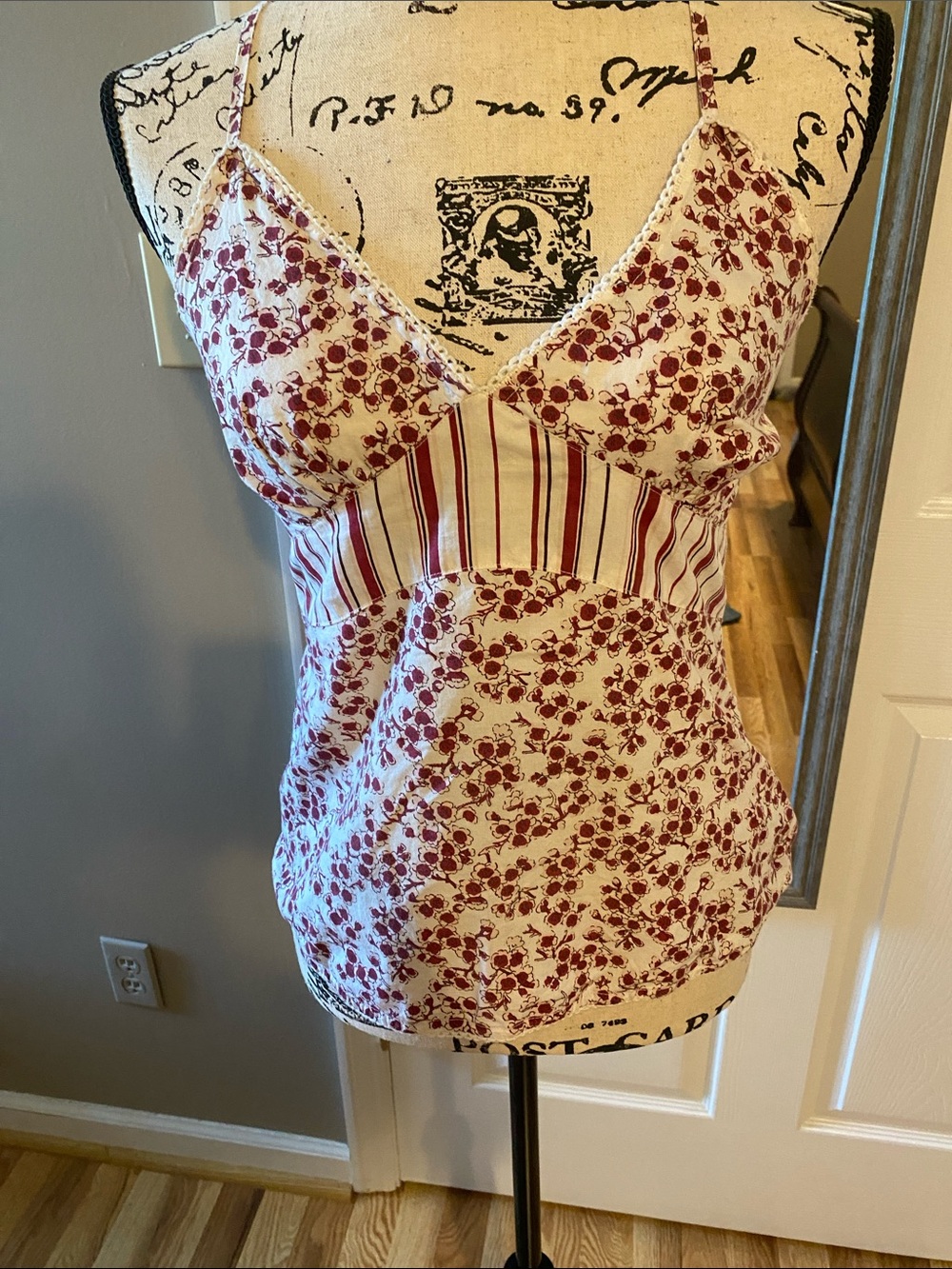 At Last Cream Tank Top with Red Floral & Stripe Accents